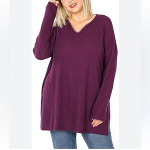 ZENANAoversized S Vneck brushed thermal waffle knit sweater, Burgandy slide slit